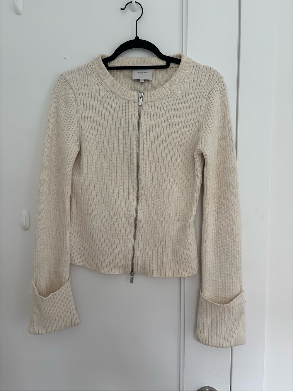 Reformation Ivory Ribbed Zip-Up Sweater